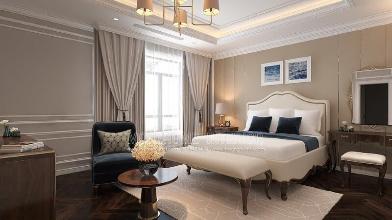 Sắp xếp nội thất phòng ngủ tân cổ điển đẹp, sang trọng nổi bật với sắc trắng điểm nhấn từ bộ đôn, giường bọc nệm gỗ óc chó tự nhiên. Mẫu nội thất biệt thự đẹp