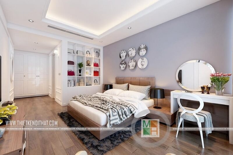 Mẫu giường ngủ chung cư cao cấp bọc da đầu giường màu nâu mang đến cảm giác sang trọng cho căn phòng ngủ của gia chủ Mẫu nội thất chung cư đẹp