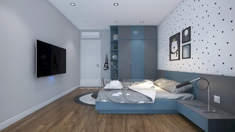 Tủ quần áo gỗ đẹp độc đáo với gam màu nổi bật xanh dương và xám cho phòng bé trai. Thiết kế phòng ngủ biệt thự