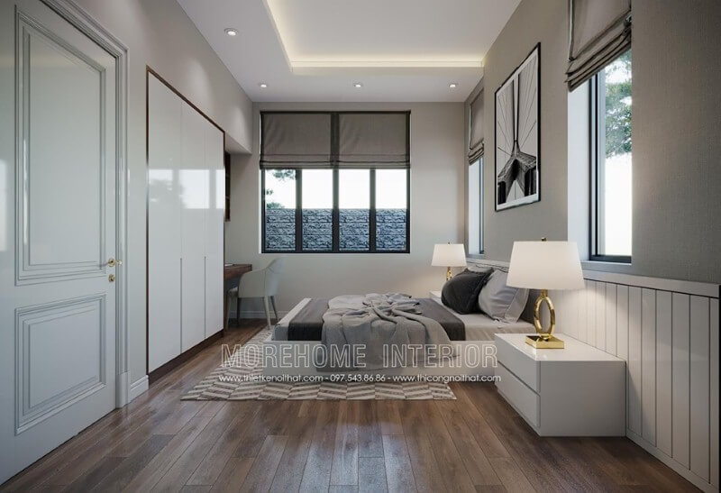 Gỗ lát sàn gỗ óc chó cao cấp kết hợp cùng thảm trải sàn đẹp mắt giúp đôi chân bạn luôn được tận hưởng những điều tốt đẹp nhất từ ngay Thiết kế phòng ngủ biệt thự