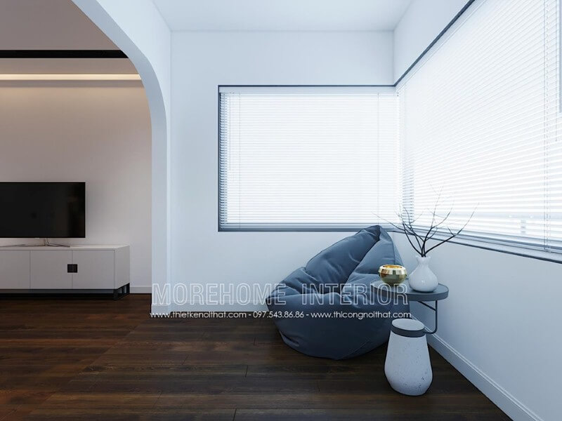 Ghế lười màu xám kết hợp cùng chiếc bàn nhỏ xinh xắn vừa đảm bảo công năng vừa mang lại vẻ đẹp thẩm mỹ lại vừa giúp phòng ngủ trở nên thông thoáng. Thiết kế phòng ngủ biệt thự