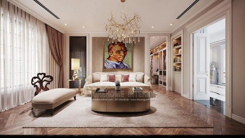 Bộ sofa đơn cao cấp cùng điểm nhấn tranh chân dung họa sĩ Van Gogh tuyệt đẹp đã tạo nên nét sang trọng, độc đáo cho phòng giải trí trong phòng ngủ. Thiết kế phòng ngủ biệt thự