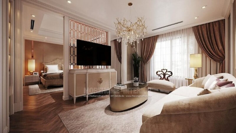 Trang trí nội thất phòng ngủ master có không gian giải trí đẹp, sang trọng. Thiết kế phòng ngủ biệt thự