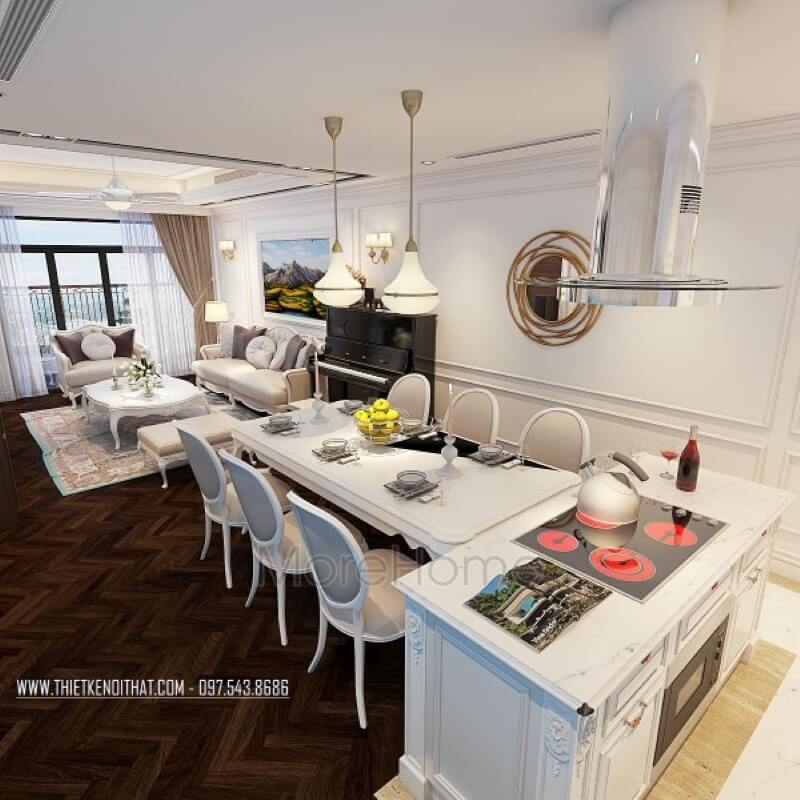 Thiết kế nội thất phòng bếp căn hộ với tone trắng tinh khôi đóng vai trò chủ đạo đậm chất tân cổ điển lại góp phần tạo hiệu ứng cơi nới cho không gian. Thiết kế nhà bếp đẹp