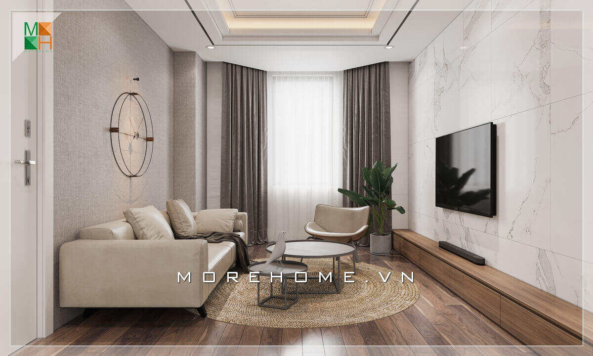 Bộ bàn ghế sofa phòng khách hiện đại tuy khá đơn giản nhưng thiết kế phù hợp với không gian diện tích phòng khách chung cư, nhà phố nhỏ. Thiết kế phòng khách chung cư hiện đại