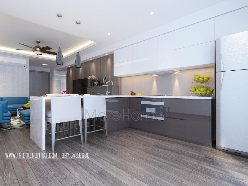 Mẫu tủ bếp gỗ công nghiệp được thiết kế phân chia nhiều ngăn giúp cho người nội trợ dễ dàng hơn trong việc sắp xếp và nấu nướng Tủ bếp gỗ công nghiệp và tủ bếp acrylic