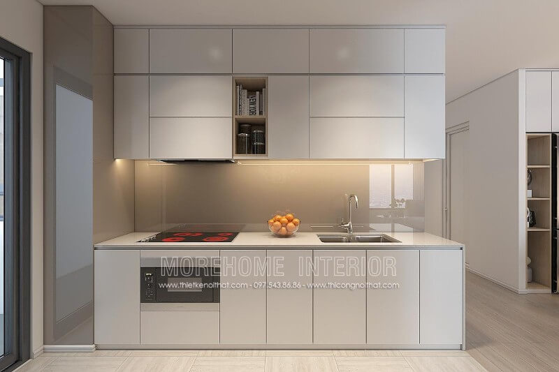 Lựa chọn tone màu trắng chủ đạo, tủ bếp gỗ Acrylic cao cấp mang đến phòng bếp thanh thoát và không kém phần sang trọng Tủ bếp gỗ công nghiệp và tủ bếp acrylic