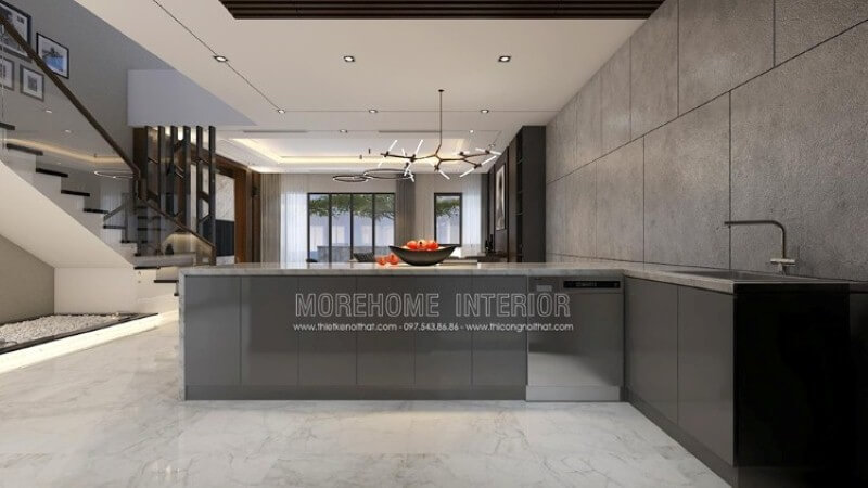 Thiết kế nội thất hiện đại đẹp, độc đáo với gam màu ghi nổi bật trong toàn không gian bếp từ bộ tủ bếp đảo gỗ acrylic sáng bóng được phủ bề mặt đá ốp sang trọng, gạch ốp tường giả bê tông. Tủ bếp gỗ công nghiệp và tủ bếp acrylic