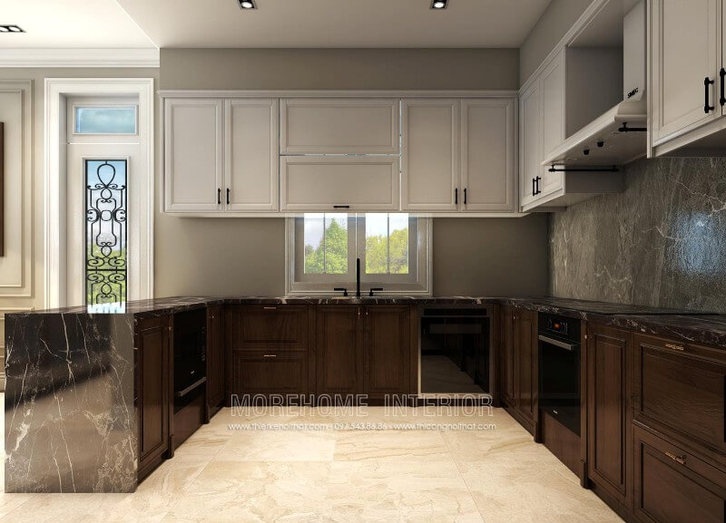 Thiết kế tủ bếp sang trọng và lạ mắt, ở khu vực nội trợ của gia chủ, KTS lựa chọn sử dụng kết hợp giữa 2 gam màu trắng và nâu mang lại không gian nhẹ nhàng, ấm cúng mà không quá nặng nề Tủ bếp hiện đại,tủ bếp đẹp hiện đại, tủ bếp An Cường