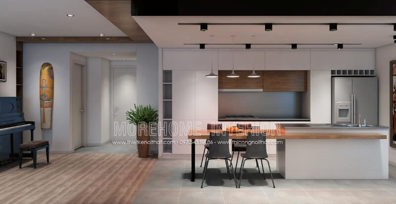 Bố trí tủ bếp đầy hợp lí, phần bếp nóng tủ bếp hiện đại và khu vực sơ chế thực phẩm được đặt song song với nhau, tạo cho người nấu dễ dàng di chuyển hơn Tủ bếp gỗ, tủ bếp gỗ tự nhiên, tủ bếp tân cổ điển