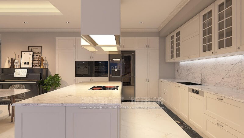 Hệ thống tủ bếp, đảo bếp được thiết kế bằng chất liệu gỗ acrylic, loại gỗ được sử dụng thông dụng hiện nay Tủ bếp gỗ, tủ bếp gỗ tự nhiên, tủ bếp tân cổ điển