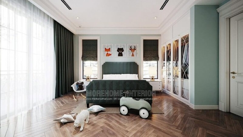 Giường ngủ cho bé trai đẹp với thiết kế bọc nệm độc đáo cùng sắc xanh ấn tượng tạo điểm nhấn nổi bật cho toàn bộ không gian. Thiết kế phòng ngủ nhà phố