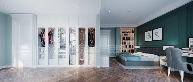 Tủ quần áo âm tường được thiết kế âm tường tạo cảm giác thông thoáng ấn tượng cho phòng ngủ. Thiết kế phòng ngủ nhà phố