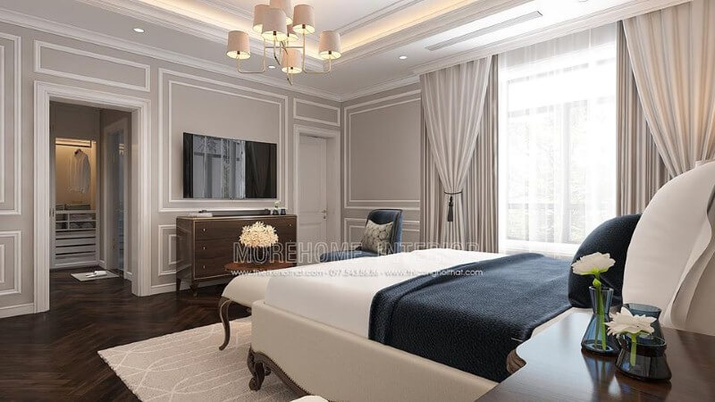 Sắp xếp nội thất phòng ngủ master tân cổ điển sử dụng gam màu trắng chủ đạo sẽ là lựa chọn ấn tượng cho gia chủ mệnh Kim. Thiết kế phòng ngủ nhà phố