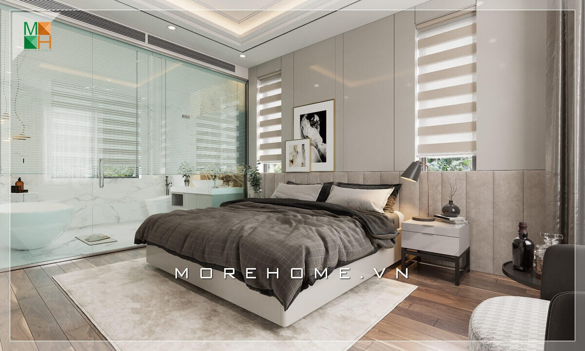 vách kính ngăn cách giữa phòng ngủ với nhà tắm, thiết kế thông minh sáng tạo biến căn phòng ngủ trở nên tiện nghi. Thiết kế phòng ngủ nhà phố