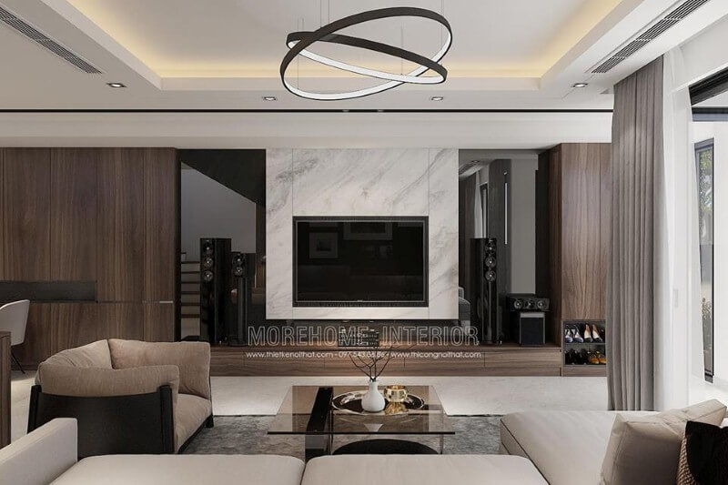 Thiết kế phòng khách ấn tượng từ tấm ốp phòng khách tương phản giữa 2 sắc màu đối lập: đen trắng. Thiết kế phòng khách nhà phố