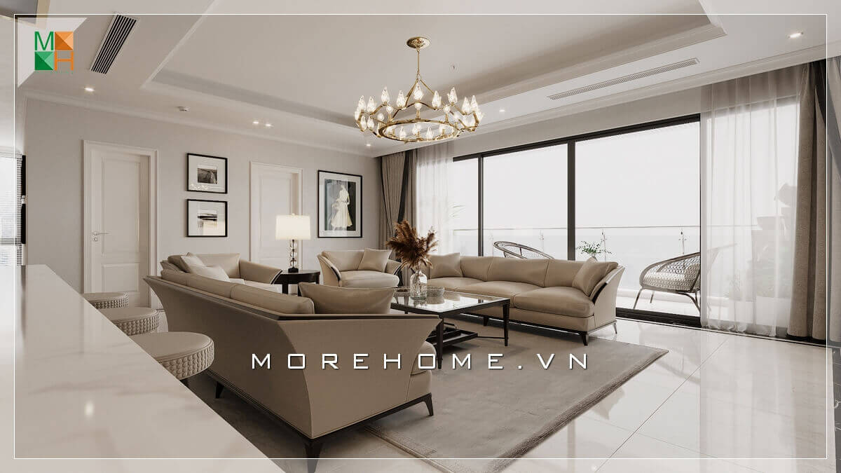 Thiết kế không gian phòng khách rộng mở có ban công lớn, với thiết kế cửa trượt ban công bằng kính càng làm tăng thêm vẻ sang trọng và thông thoáng cho không gian phòng khách. Thiết kế phòng khách nhà phố