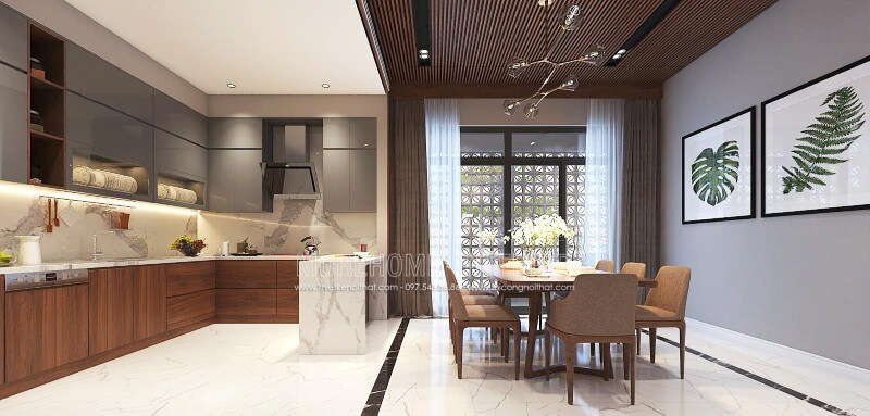 Thiết kế nội thất phòng bếp liền phòng ăn đẹp, hiện đại, sang trọng cho biệt thự, nhà phố tại Vinh, Nghệ An. Mẫu nội thất biệt thự đẹp