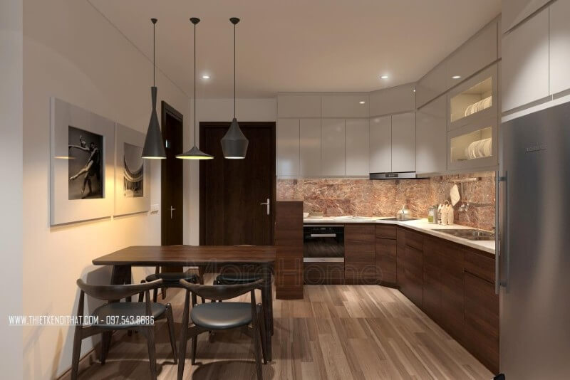 Thiết kế nội thất bếp chung cư và khu vực ăn uống liền kề, không tạo vách ngăn như các thiết kế truyền thống vì vậy mang đến cho không gian sống một sự liền mạch, thống nhất Thiết kế nội thất phòng bếp