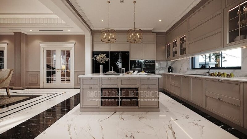 Trang trí nội thất phòng bếp sang trọng ấn tượng với bộ tủ bếp tân cổ điển cao cấp, quý phái. Thiết kế nội thất phòng bếp
