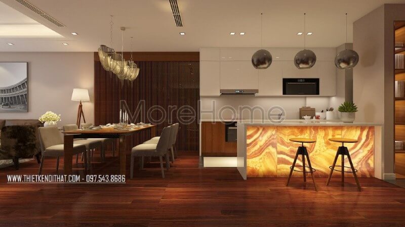 Thiết kế nội thất phòng bếp chung cư nhỏ gọn không quá phô trương về diện tích với đầy đủ các vật dụng cần thiết cho một căn bếp hiện đại. Thiết kế phòng bếp đẹp và sang trọng