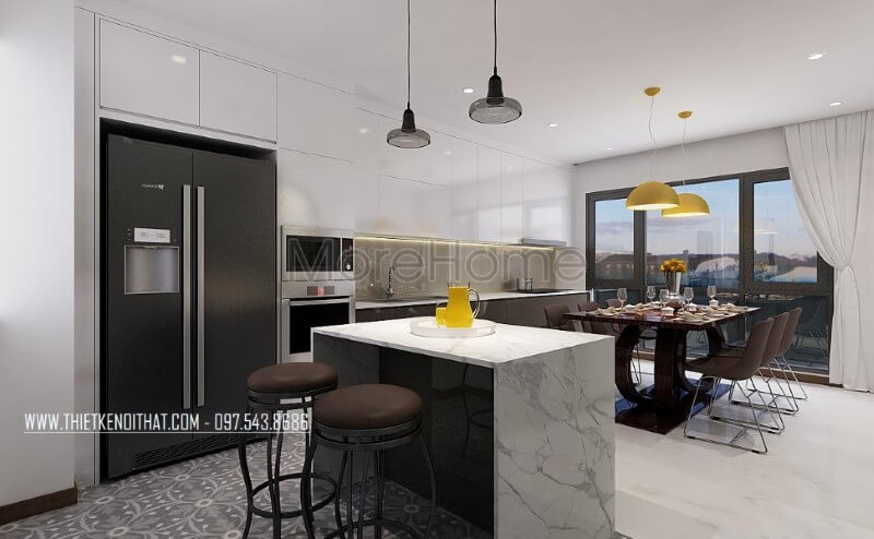 Trang trí nội thất phòng ăn, phòng bếp xen kẽ tạo nên nét đẹp hiện đại, độc đáo cho biệt thự, nhà phố. Thiết kế phòng bếp đẹp và sang trọng