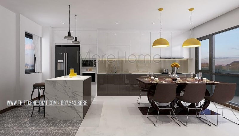 Trang trí phòng ăn lồng phòng bếp hiện đại tạo nên không gian vừa đẹp vừa tiện nghi vừa sang trọng. Thiết kế phòng bếp đẹp và sang trọng