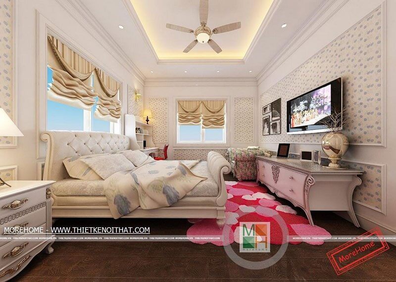 Thiết kế nội thất phòng ngủ theo phong cách tân cổ điển sang trọng kết hợp cách trang trí rèm, đèn, quạt cổ điển tạo không gian sang trọng, quý phái