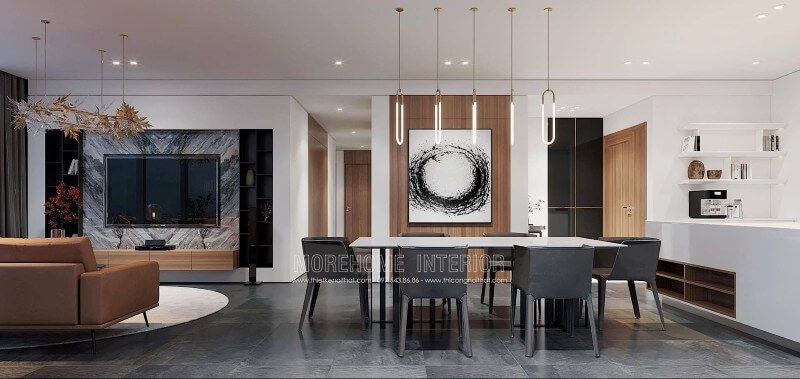 Mẫu bàn ghế ăn gỗ công nghiệp mang đến cho gia chủ một không gian dùng bữa lãng mạn mà không kém phần ấm áp