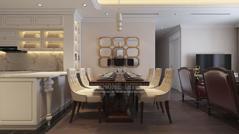 Bàn ăn tân cổ điển thiết kế cầu kì ấn tượng, làm không gian ăn uống thêm lung linh