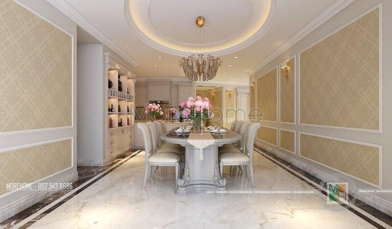 Lựa chọn lối thiết kế tân cổ điển tinh tế, tỉ mỉ, bàn ăn tân cổ điển với những đường cong chạm trổ khéo léo để lại cho bất kì ai nhìn vào một không gian dùng bữa ấm áp mà đẳng cấp hơn cả