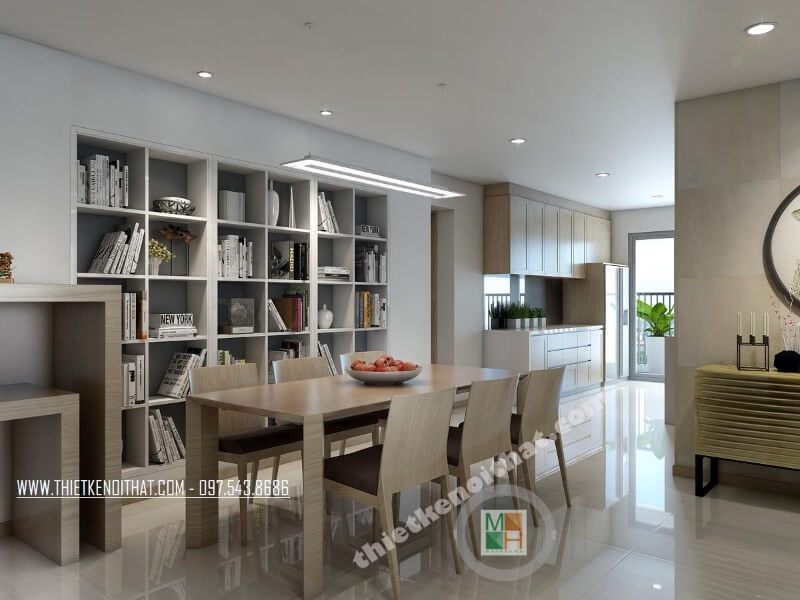 Thiết kế bàn ăn đơn giản mang tông màu veneer nâu sữa phù hợp với phong cách thiết kế của căn nhà.