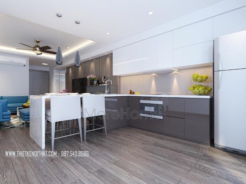Mẫu tủ bếp gỗ công nghiệp được thiết kế phân chia nhiều ngăn giúp cho người nội trợ dễ dàng hơn trong việc sắp xếp và nấu nướng
