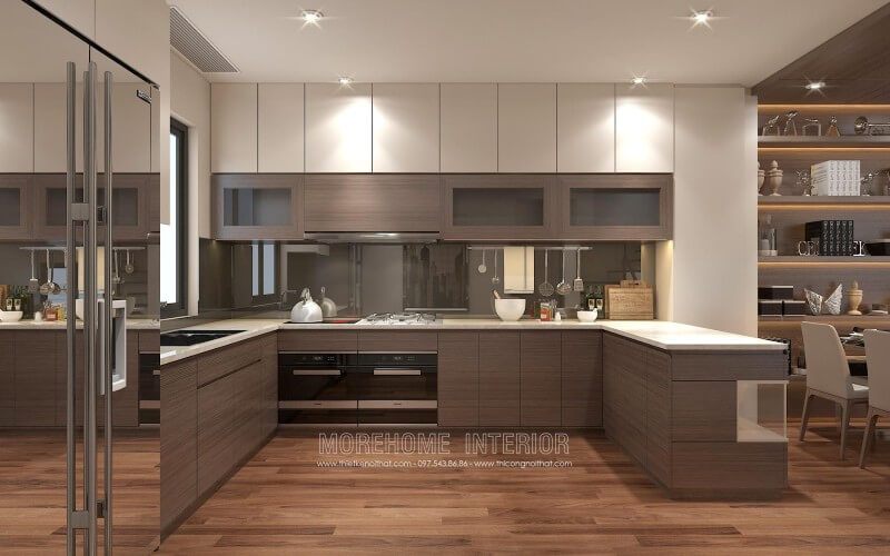 Tủ bếp hiện đại kết hợp hài hòa giữa hai chất liệu Laminate và Acrylic vừa mang lại vẻ đẹp sang trọng, vừa phù hợp với mức đầu tư của nhiều hộ gia đình