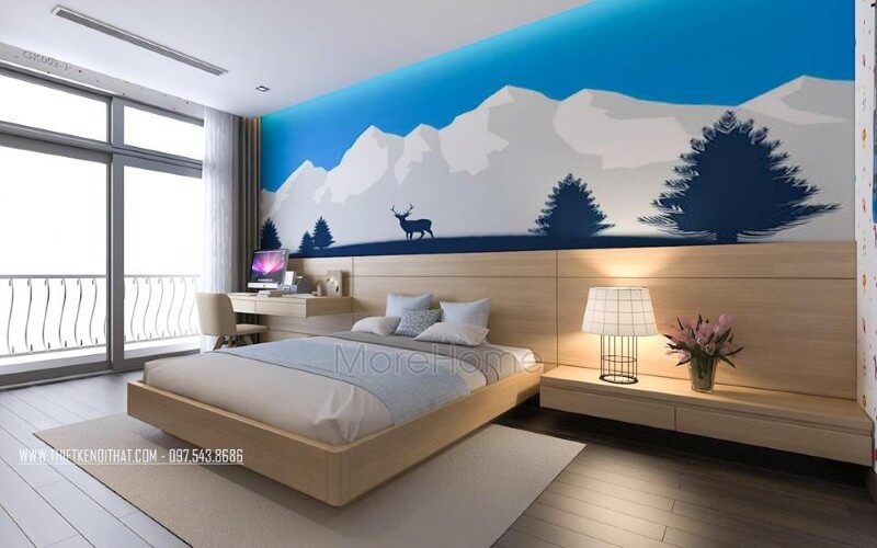 Bố trí nội thất phòng ngủ con có ban công cùng cửa sổ lớn giúp không gian trở nên thông thoáng, đẹp, độc đáo.