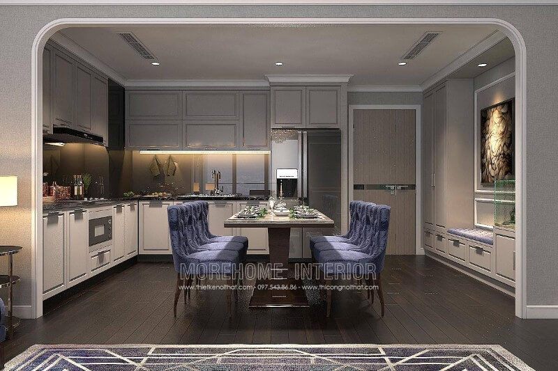 Trang trí nội thất phòng bếp chung cư tân cổ điển đẹp mắt