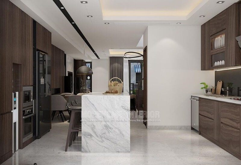 Bàn đảo bếp đá vân mây đẹp tạo nên điểm nhấn ấn tượng cho không gian bếp.