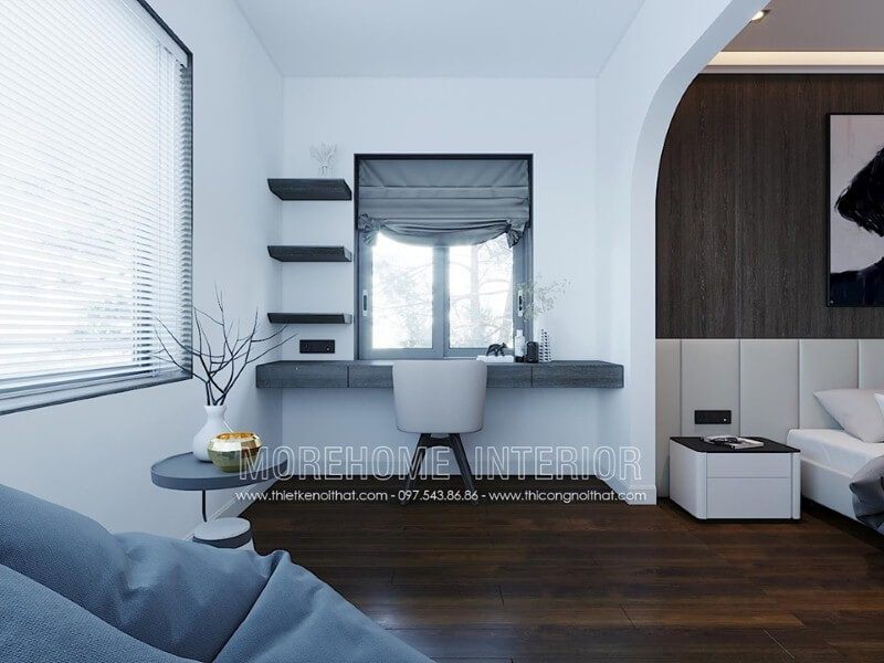 Mẫu kệ ốp tường đơn giản nhưng khá tiện nghi trong phòng ngủ có góc học tập.