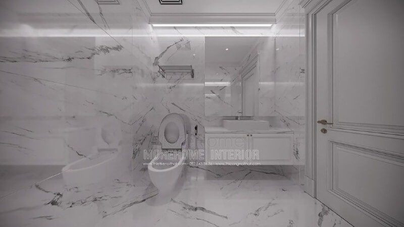 Bố trí phòng vệ sinh nhỏ đẹp ấn tượng với đá lát nền, ốp tường đồng bộ tạo nên sự độc đáo, mới lạ cho không gian.