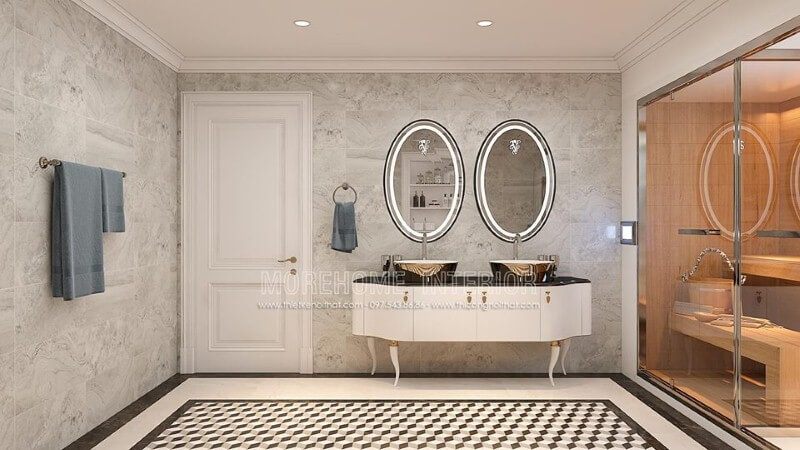 Thiết kế phòng tắm ấn tượng với gương đèn led hắt sáng hình elip cao cấp.