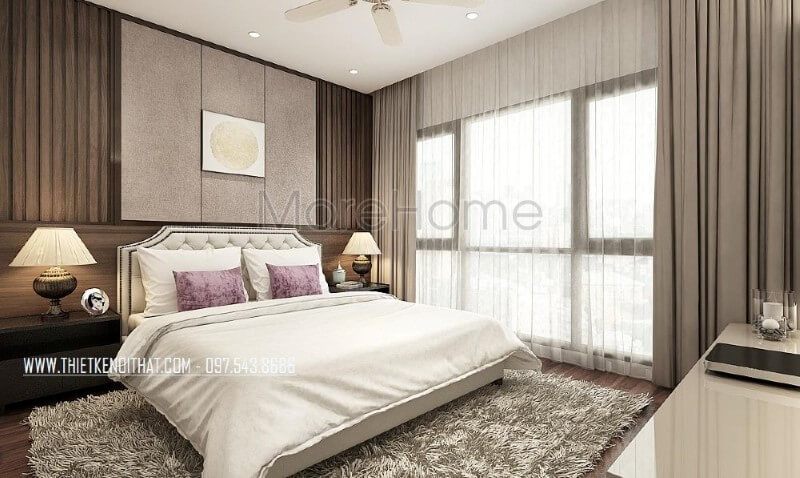 Giường ngủ bọc nệm màu sữa cùng họa tiết trang trí đẹp mắt từ các nút nệm cùng đường nét uốn lượn đầu giường tạo điểm nhấn độc đáo cho phòng ngủ master hiện đại.