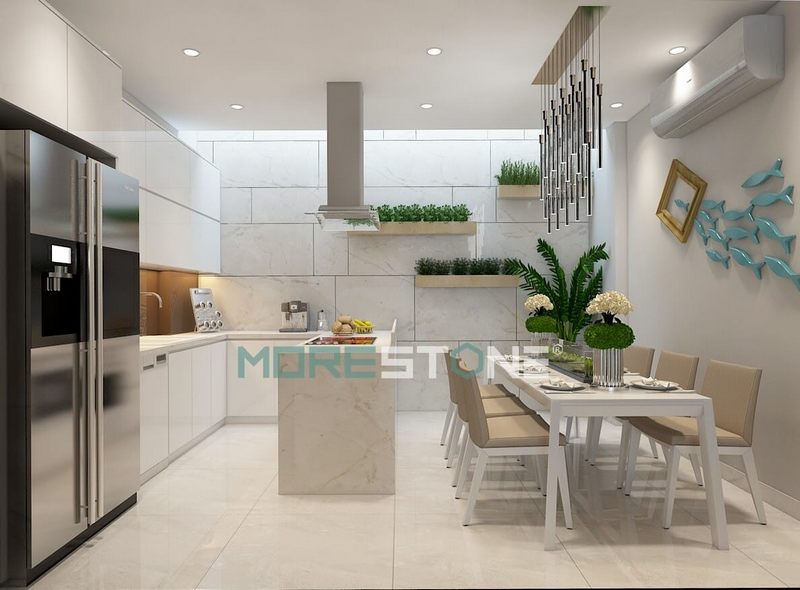 Mẫu phòng bếp vừa kết hợp hài hòa giữa các khu vực vừa tận dụng tối đá mọi công năng nhưng không kém phần rộng rãi