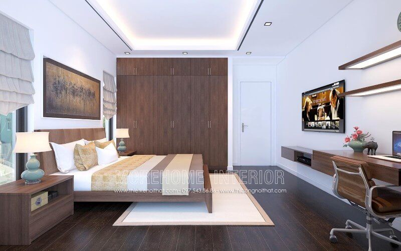 Thiết kế giường ngủ hiện đại với gam màu nâu chủ đạo sẽ khiến không gian nghỉ ngơi của bạn thêm lãng mạn và phá cách vì sắc màu trung tính nhưng không kém phần dịu dàng và sang trọng