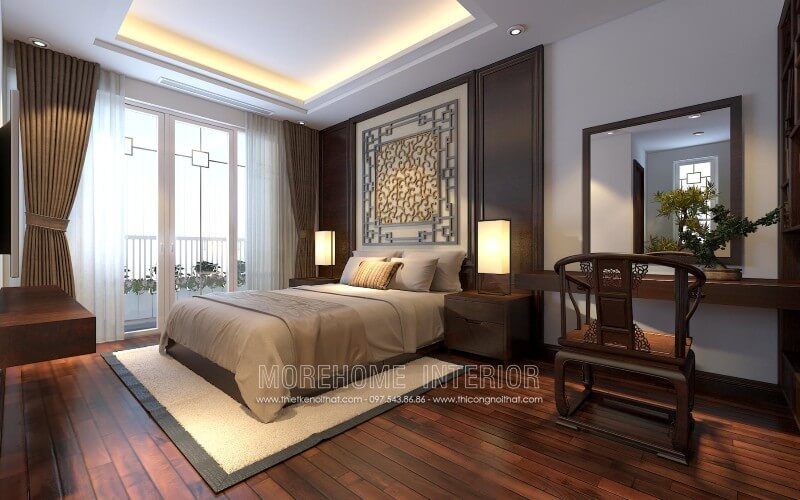 Thiết kế giường ngủ ông bà ấn tượng, sang trọng với tone màu nhã nhặn, trung tính