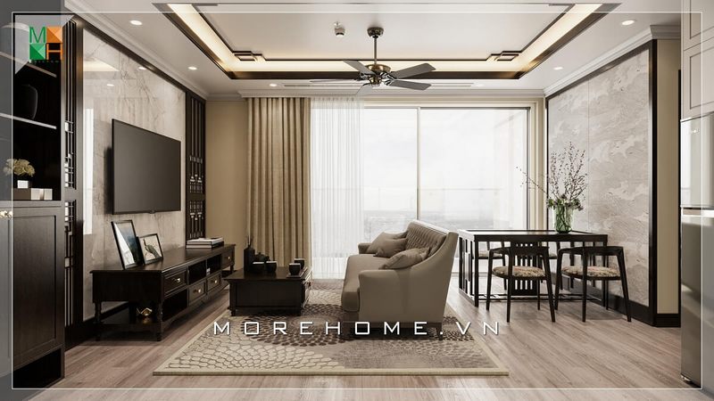 Bố trí phòng khách liền phòng ăn hiện đại là một trong những xu hướng thiết kế được nhiều gia chủ lựa chọn tạo nên sự tiện nghi cho không gian sinh hoạt chung cư gia đình.