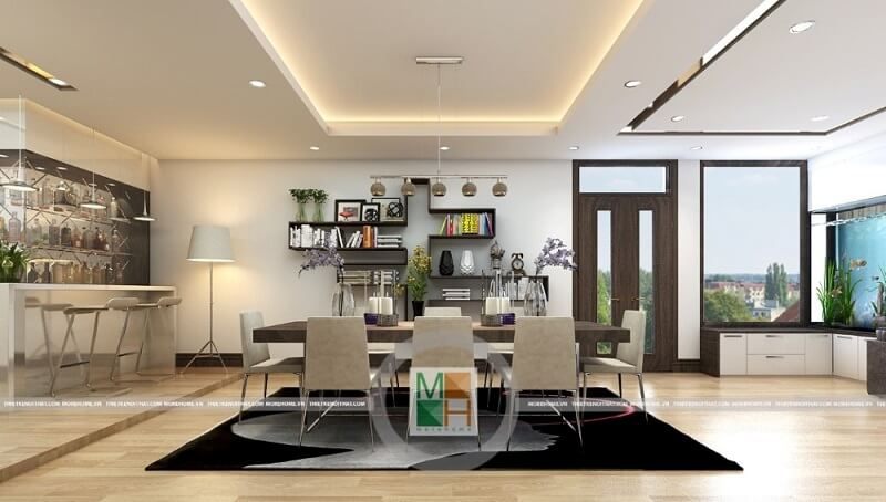 Thiết kế nội thất phòng ăn chung cư đẹp với bộ bàn ăn nhỏ gọn kết hợp quầy bar mimi ấn tượng.