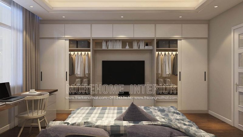 Thiết kế tủ áo thông minh, vừa là tủ quần áo, vừa là kệ tivi, giải pháp tiết kiệm không gian cho phòng ngủ chung cư