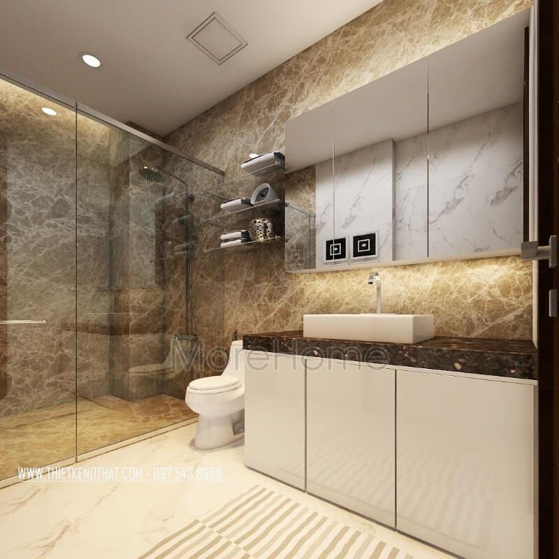 Kệ tủ phòng tắm bằng gỗ công nghiệp, mặt tủ ốp đá nhân tạo màu đen cao cấp