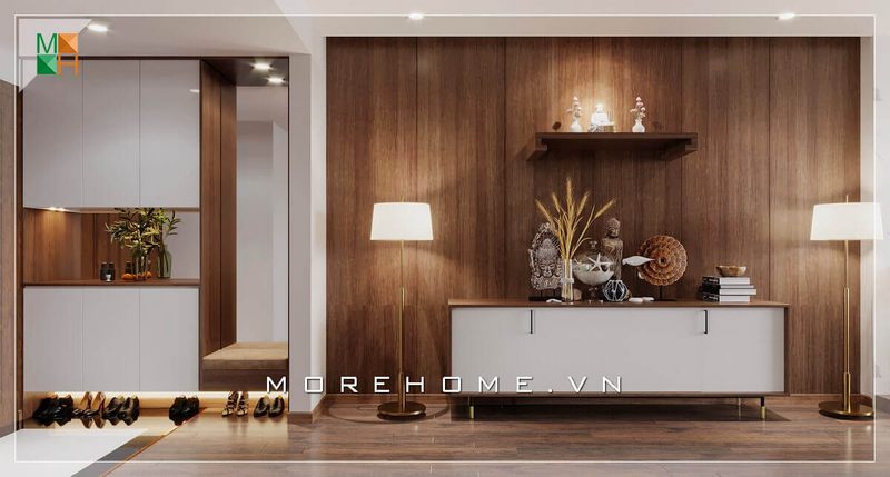 Mẫu kệ tủ đa năng màu trắng hiện đại được đặt dưới bàn thờ như là nơi để đồ và trưng bày hình phật chứng tỏ gia chủ là người rất tâm linh.