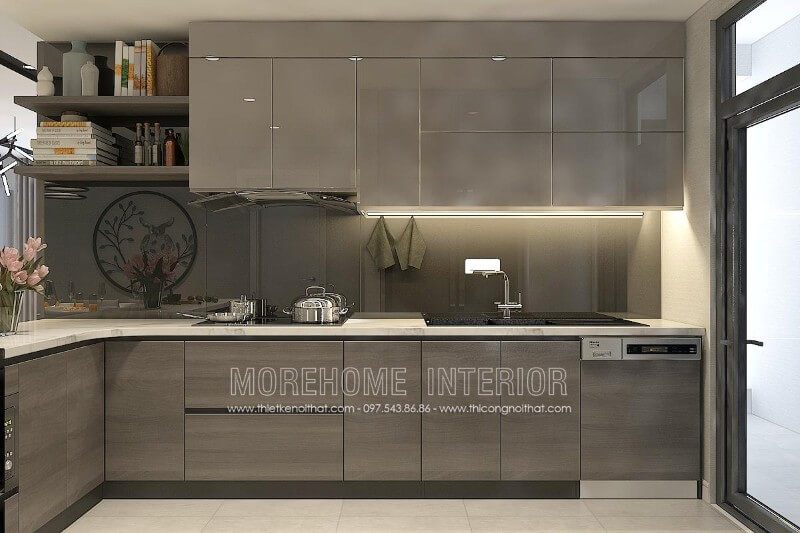 Tủ bếp gỗ công nghiệp mang vẻ đẹp hiện đại, đơn giản, với màu xám nhẹ nhàng làm toát lên sự tinh tế, hiện đại. Sản phẩm này đã và đang có mặt tại căn bếp của nhiều hộ gia đình